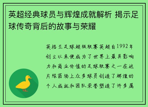 英超经典球员与辉煌成就解析 揭示足球传奇背后的故事与荣耀
