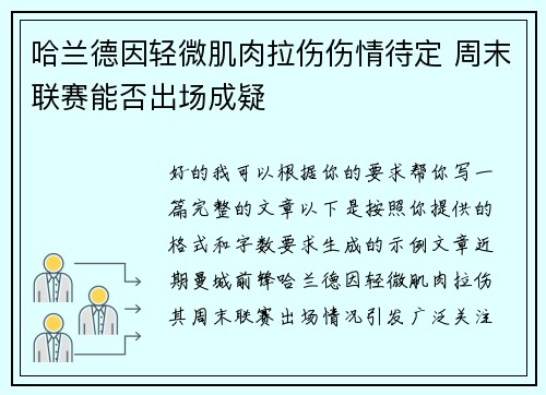 哈兰德因轻微肌肉拉伤伤情待定 周末联赛能否出场成疑